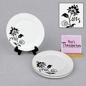 Tabletops Gallery REBECCA Black Floral On White Porcelain Salad Plates Set of 3
